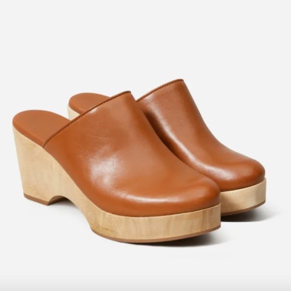 Everlane Brown Leather Wooden Clog Size 10.5 - Picture 1 of 10